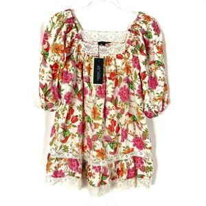 Rachel Zoe Tropical Floral Bird Lace Trim Linen Blend Peasant Top NWT Small